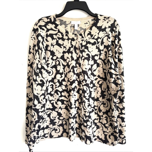 Charter Club Cardigan Sweater Black & Tan Floral Metallic Woman 2X - Picture 2 of 13